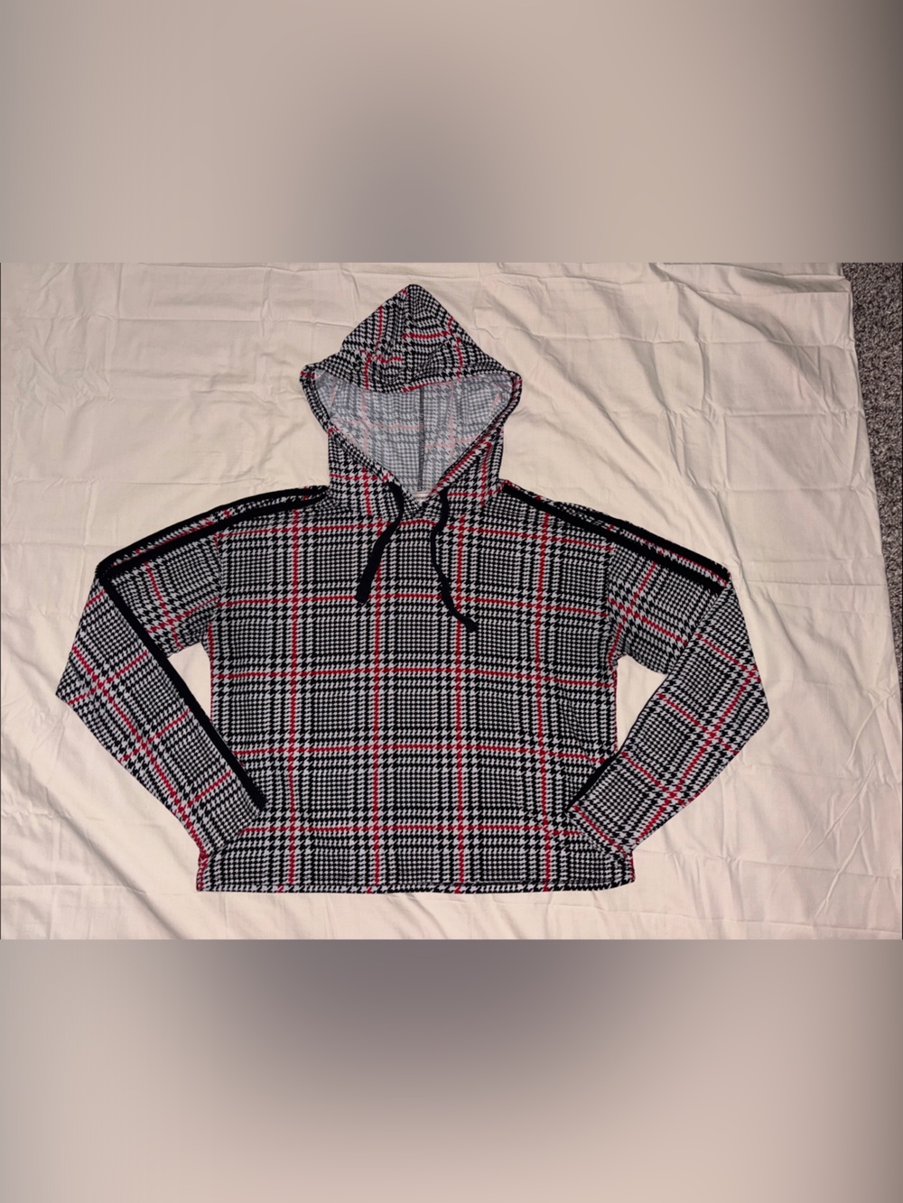 Plaid Cropped Hoodie in Black, White & Red